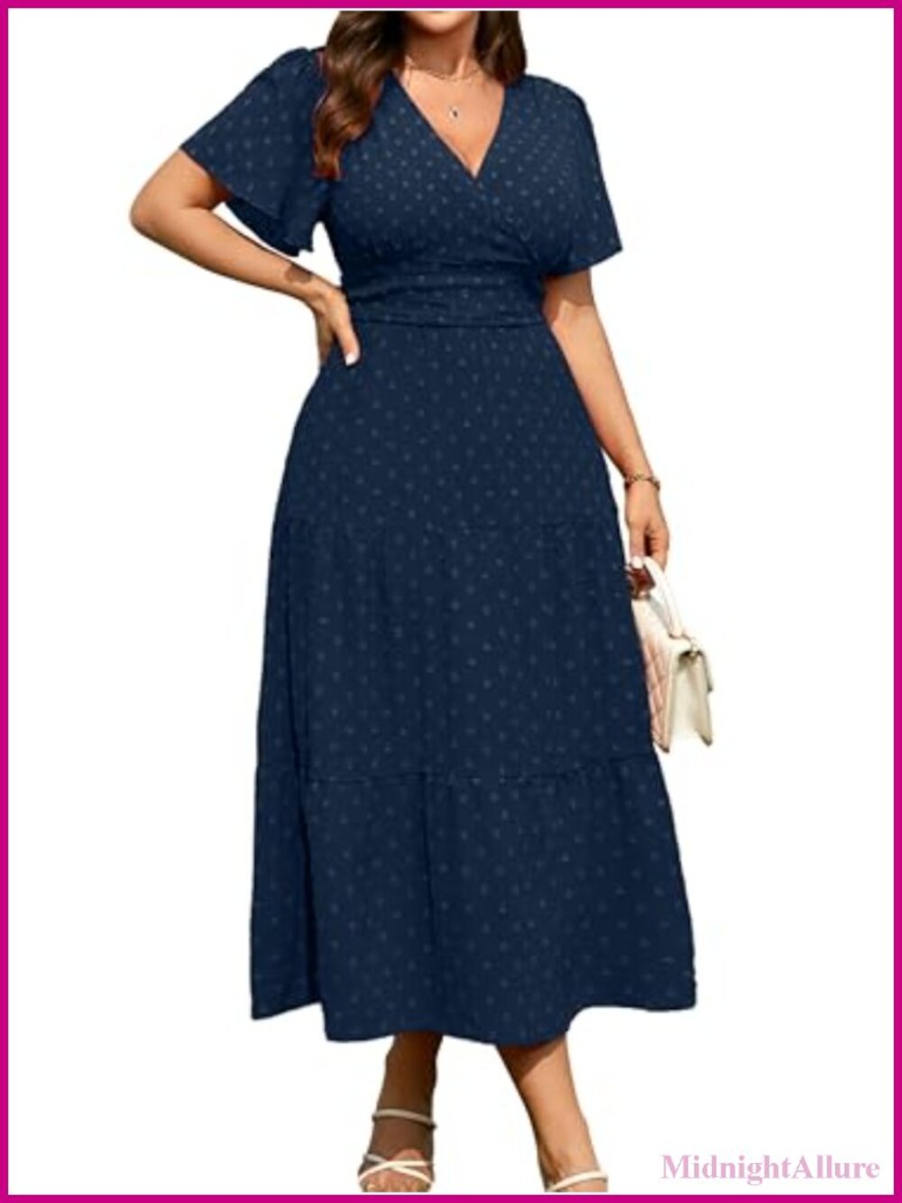 Plus Size Wrap V Neck Swiss Dot Maxi Dress Ruffle Sleeve Wedding Guest
